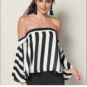 Milly Off the Shoulder Black & White Striped Top